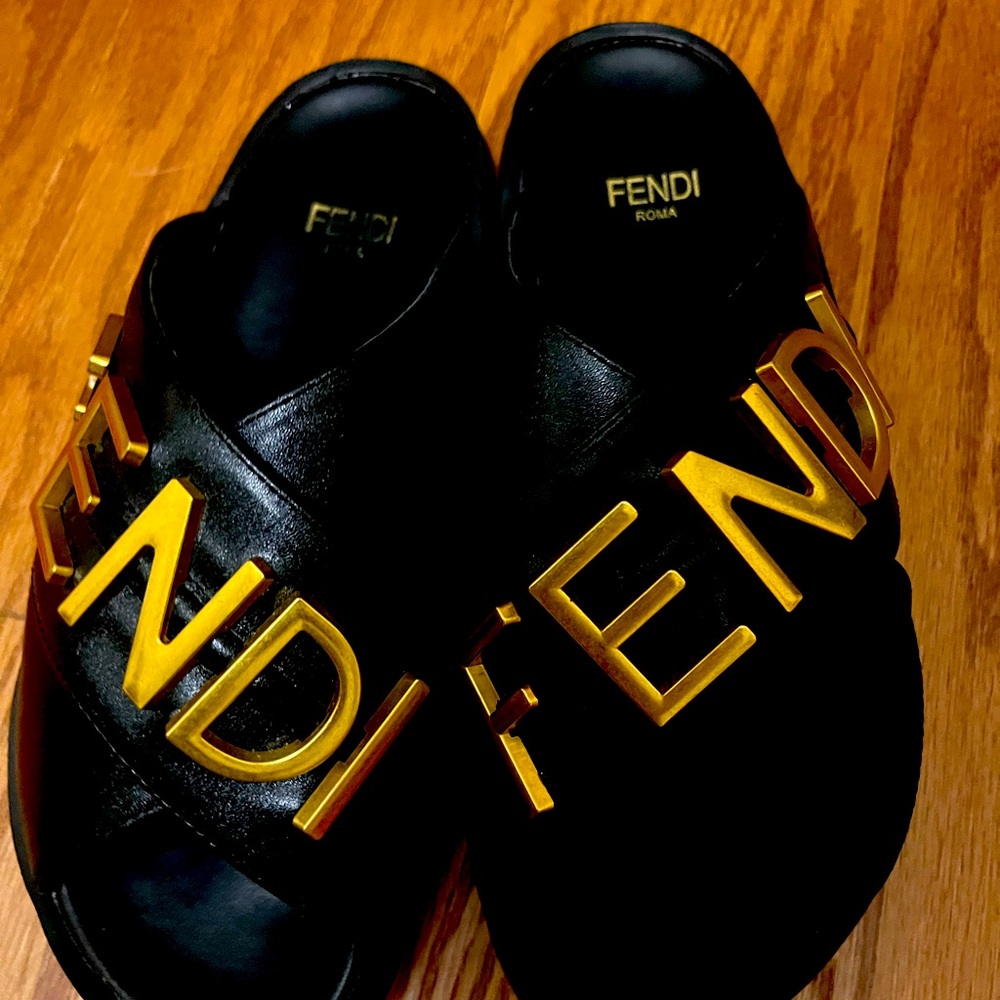 Fendi Black and Gold Slippers